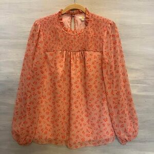 Boden Peach Floral Long-Sleeve Smocked Yoke Blouse